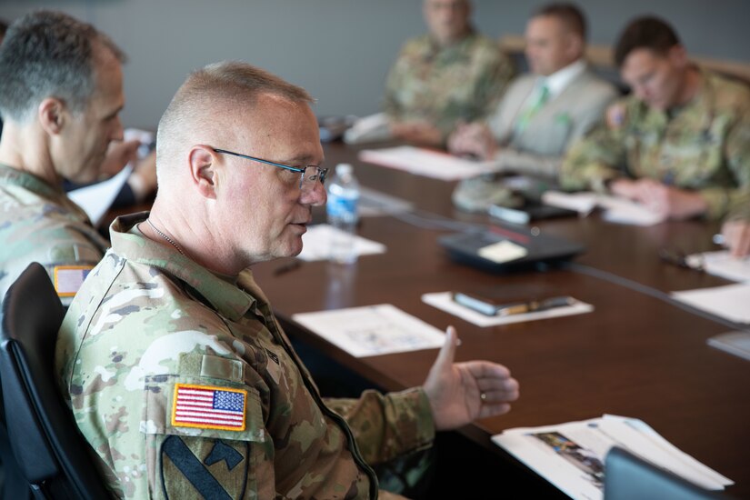 U.S. Army Brig. Gen. Joe Lear, director of the joint staff, talks to Kentucky Civilian Aide to the Secretary of the Army (CASA) retired Army Col. Lance O’Bryan, at Boone National Guard Center, Frankfort, April 30, 2025. Lear spoke about the Kentucky National Guard’s missions including natural disaster response and event support. Kentucky National Guard senior leadership along with directorates met with O’Bryan to highlight the Kentucky National Guard and the organization’s capabilities.  (U.S. Army photo by Milt Spalding)