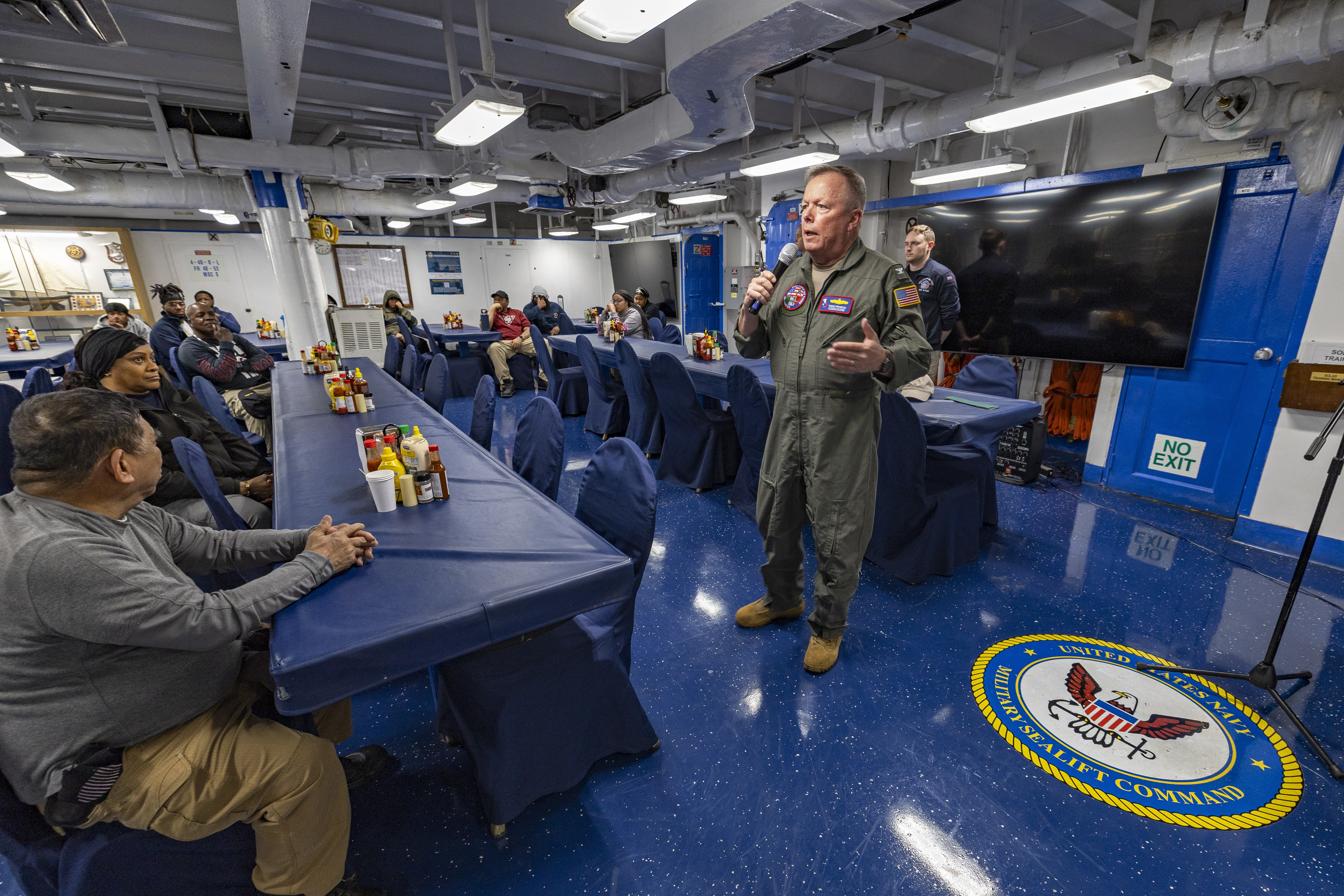 Capt. Todd B. Penrod, Commander, Task Force SIX THREE, Commander, Military Sealift Command Europe & Africa addresses the crew of the Blue Ridge-class command and control ship USS Mount Whitney (LCC 20) following an awards presentation on the ship's mess decks April 11. Penrod visited the ship to engage with the crew and conduct a ship check following the completion of regularly scheduled voyage repairs.