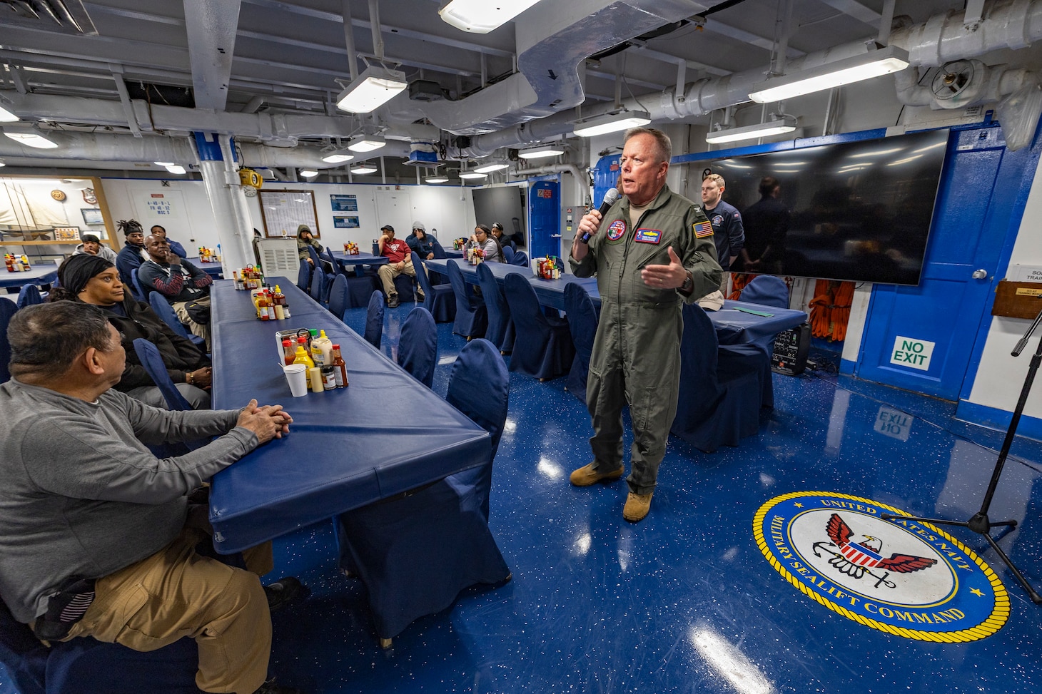 Capt. Todd B. Penrod, Commander, Task Force SIX THREE, Commander, Military Sealift Command Europe & Africa addresses the crew of the Blue Ridge-class command and control ship USS Mount Whitney (LCC 20) following an awards presentation on the ship's mess decks April 11. Penrod visited the ship to engage with the crew and conduct a ship check following the completion of regularly scheduled voyage repairs.