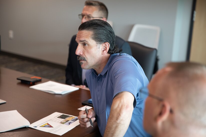 Kentucky Civilian Aide to the Secretary of the Army (CASA), retired U.S. Army Col. Lance O’Bryan, listens to presentations from Kentucky National Guard directorates at Boone National Guard Center, Frankfort, April 30, 2025. Kentucky National Guard senior leadership along with directorates met with O’Bryan to highlight the Kentucky National Guard and the organization’s capabilities.  (U.S. Army photo by Milt Spalding)