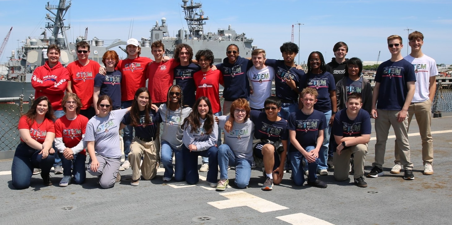 Twenty-three students of the Governor’s Science, Technology, Engineering, and Mathematics (STEM) Academy in Chesapeake, Va., visited Military Sealift Command’s (MSC) USNS Joshua Humphreys (T-AO 188) on April 24, 2025. The students enjoyed a private 90-minute tour of a Henry J. Kaiser-class replenishment oiler, a 677-foot vessel that annually replenishes U.S. and coalition ships while operating in the U.S. Sixth Fleet.