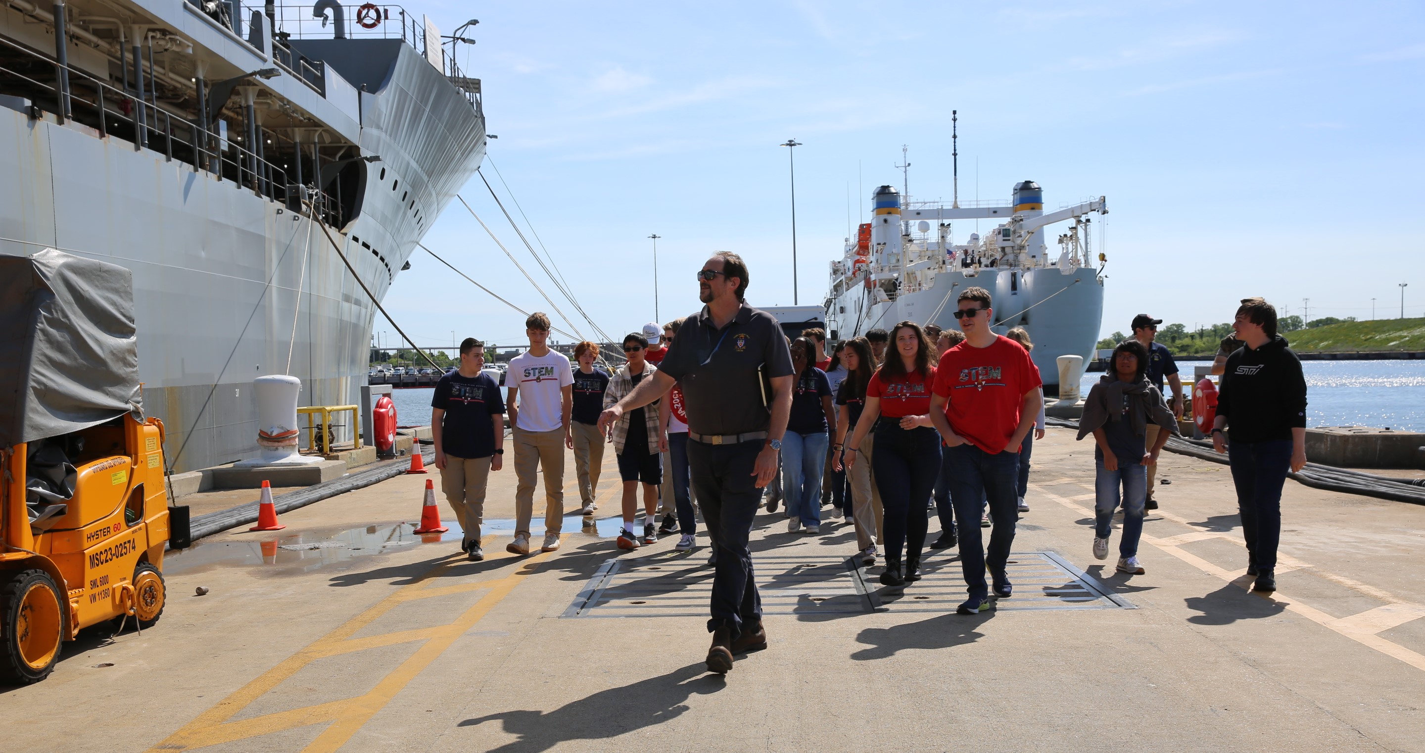Twenty-three students of the Governor’s Science, Technology, Engineering, and Mathematics (STEM) Academy in Chesapeake, Va., visited Military Sealift Command’s (MSC) USNS Joshua Humphreys (T-AO 188) on April 24, 2025.  Pictured above is MSC’ s N751 Type Desk T-AO 205 Class Supervisor Benjamin R. Miner who was responsible for coordinating the ship visit.