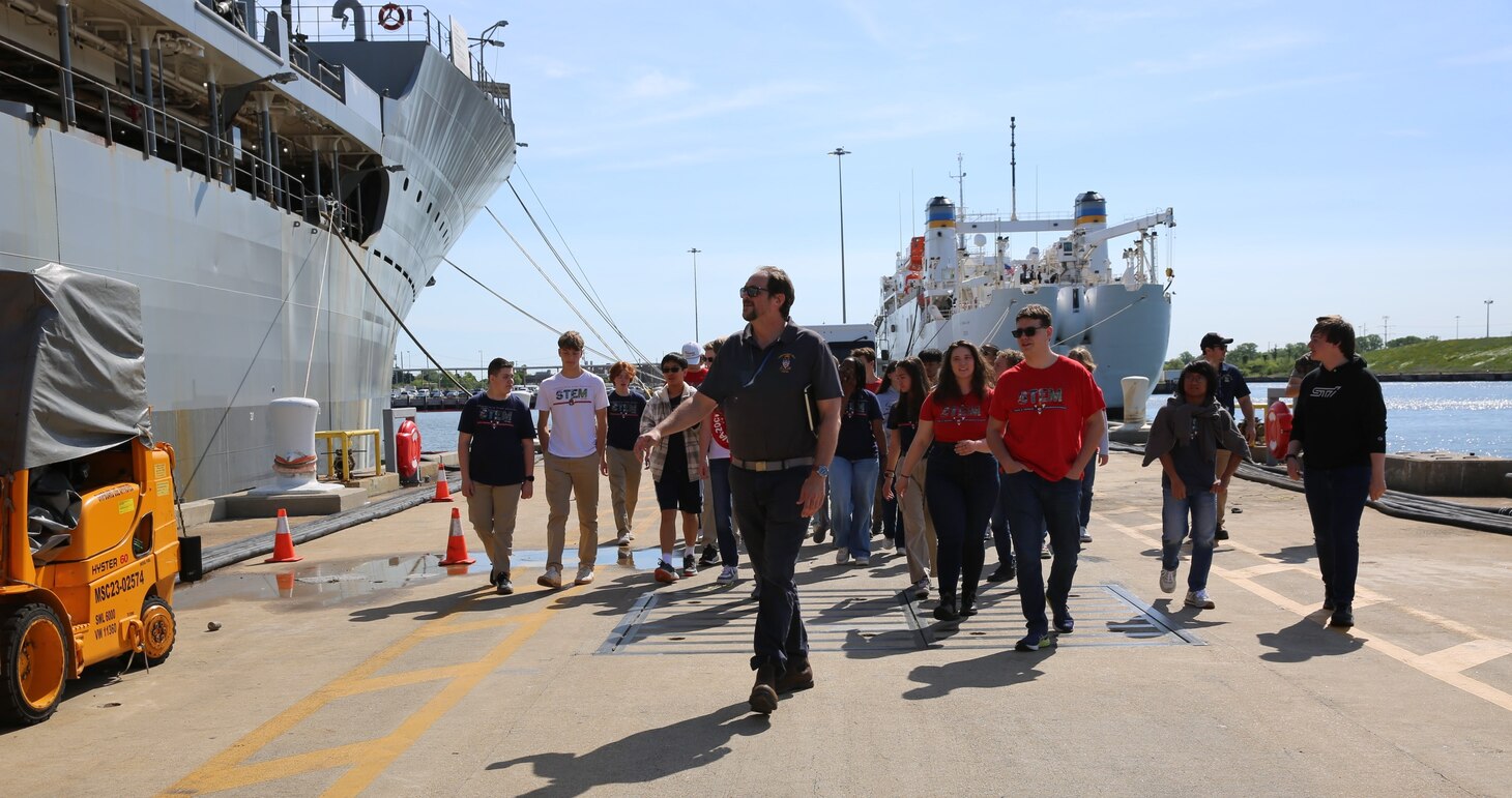 Twenty-three students of the Governor’s Science, Technology, Engineering, and Mathematics (STEM) Academy in Chesapeake, Va., visited Military Sealift Command’s (MSC) USNS Joshua Humphreys (T-AO 188) on April 24, 2025.  Pictured above is MSC’ s N751 Type Desk T-AO 205 Class Supervisor Benjamin R. Miner who was responsible for coordinating the ship visit.