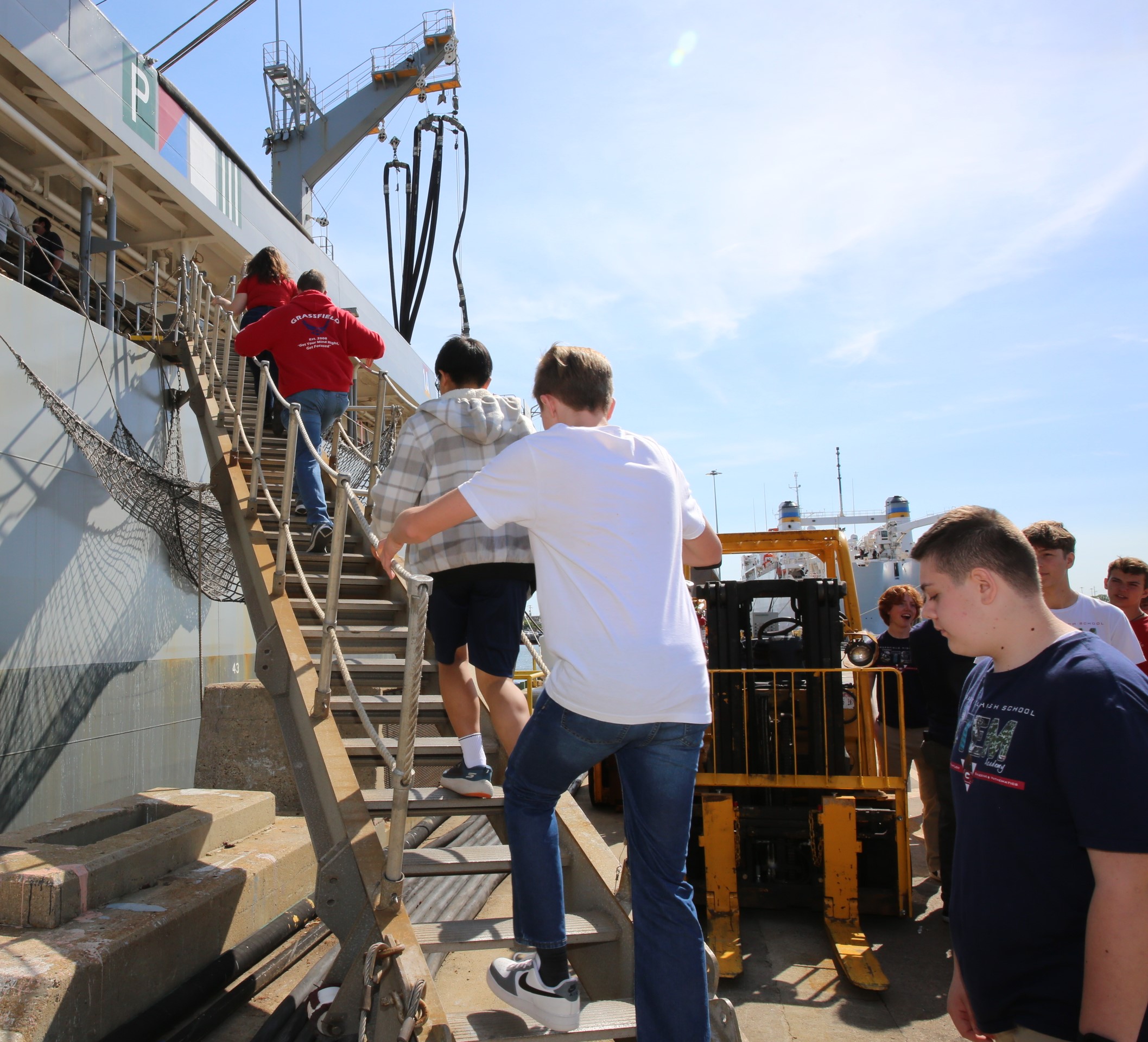 Twenty-three students of the Governor’s Science, Technology, Engineering, and Mathematics (STEM) Academy in Chesapeake, Va., visited Military Sealift Command’s (MSC) USNS Joshua Humphreys (T-AO 188) on April 24, 2025.  Pictured above are the students arriving the vessel.