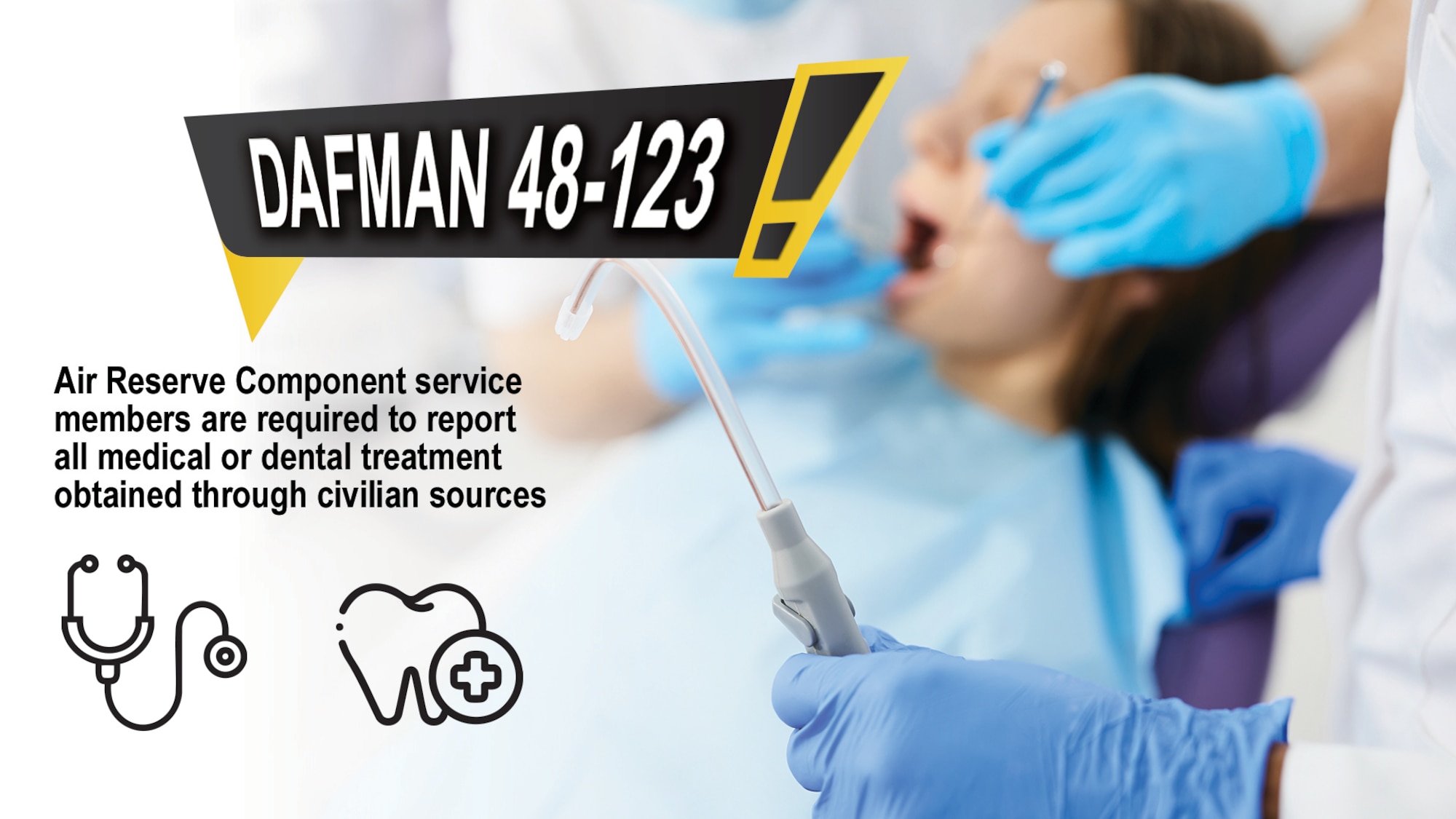 Poster with text: DAFMAN 48-123 - Air Reserve Component service members are required to report all medical or dental treatment obtained through civilian sources
