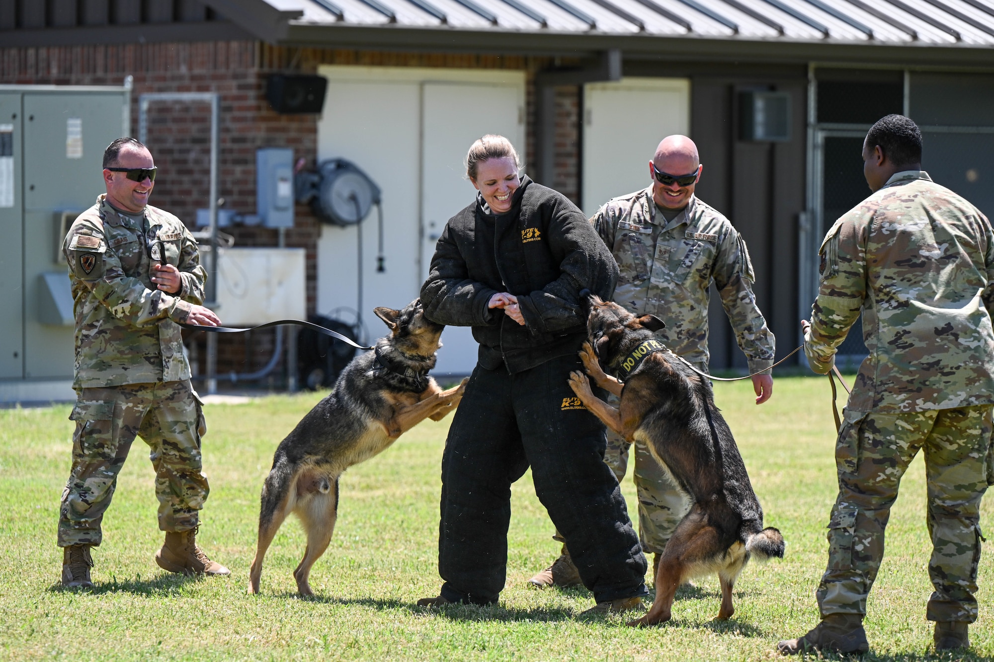 U.S. Air Force Col. Amanda Knotts, 97th Mission Support Group commander, gets bit by military working dogs during a controlled demonstration at Altus Air Force Base, Oklahoma, May 13, 2025.All K-9s are trained for worldwide patrol operations in addition to their specialized training. (U.S. Air Force photo by Airman 1st Class Lauren Torres)