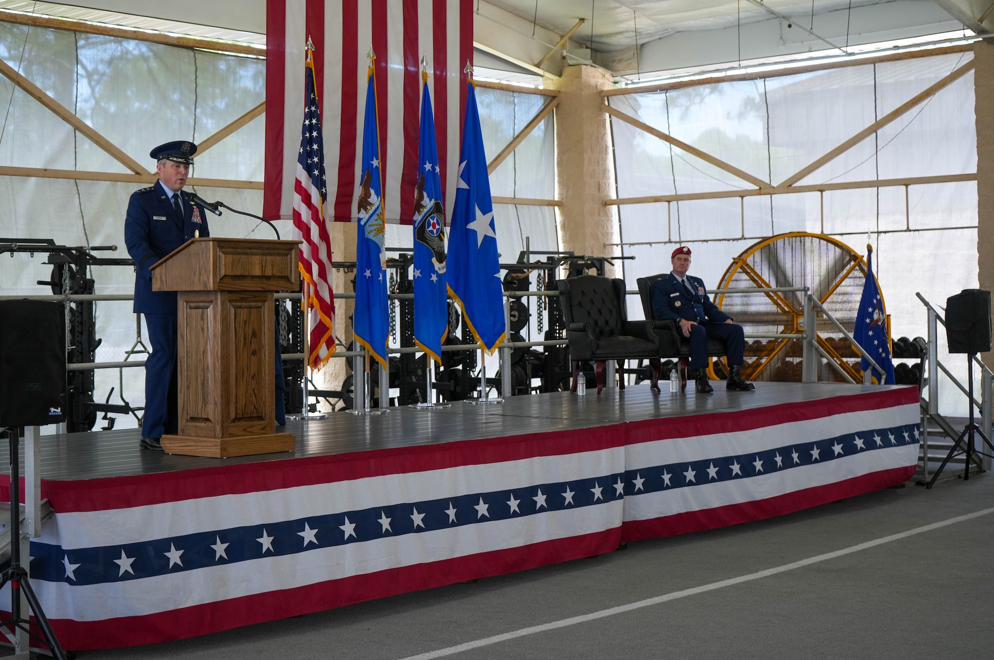 U.S. Air Force Lt. Gen. Michael Conley, commander of Air Force Special Operations Command, speaks at the 24th Special Operations Wing flag furling ceremony May 16, 2025, at Hurlburt Field, Fla.