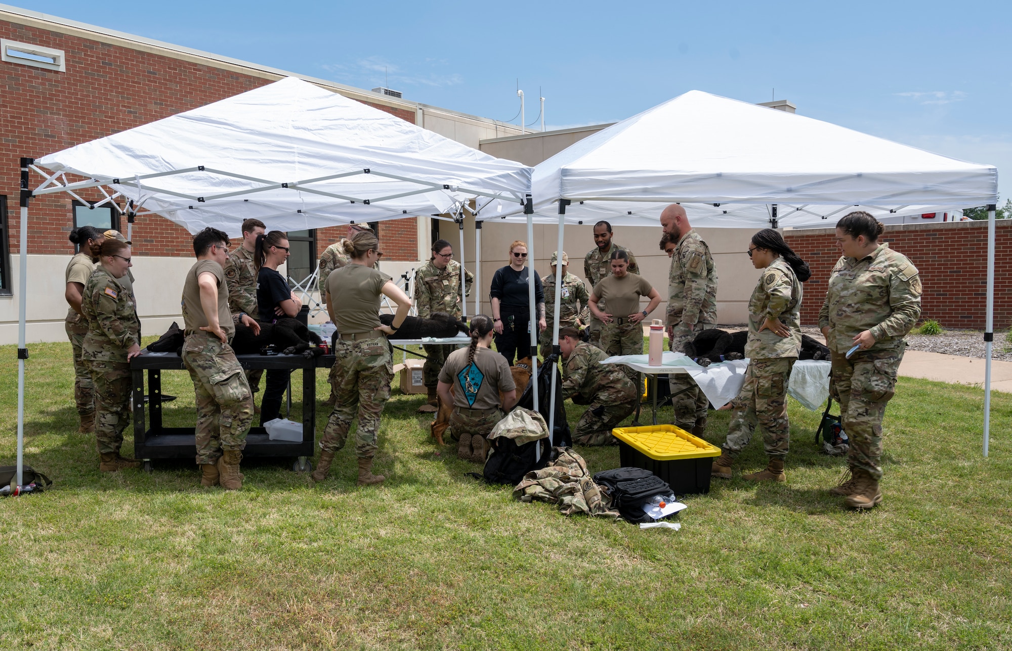 18 Soldiers and Airmen look another airmen while standing underneath two tents.