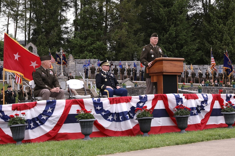 The 28th Infantry Division held its annual memorial ceremony in Boalsburg, Pennsylvania, May 18, 2025. Every year Soldiers from the 28th Infantry Division participate in an annual memorial ceremony at the 28th Division Shrine on the grounds of the Pennsylvania Military Museum in Boalsburg to recognize the fallen and their Gold Star families, along with the strength and honor that comes with the 28th Infantry Division. (U.S. Army National Guard photo by Staff Sgt. Kenneth Shirk)