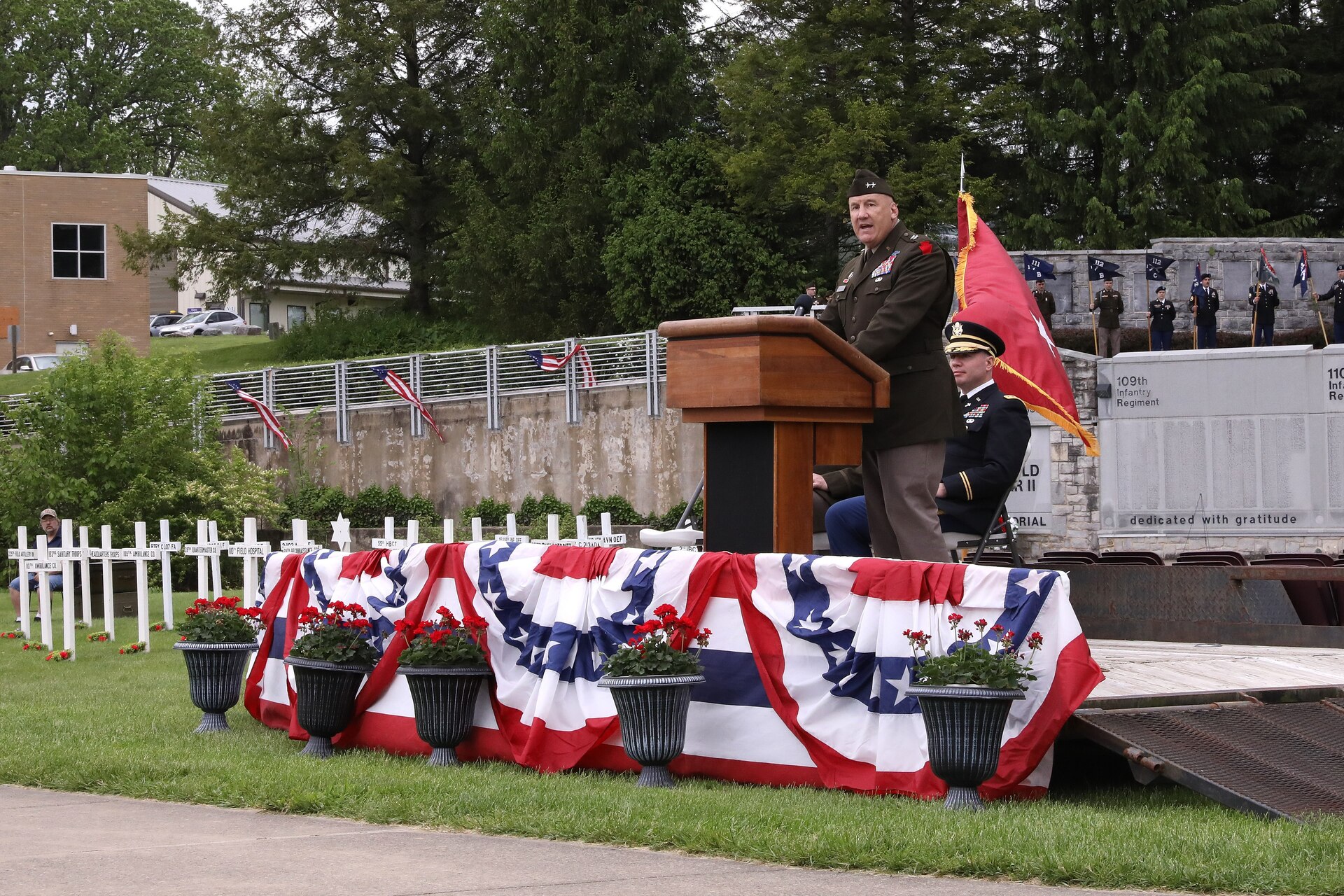 The 28th Infantry Division held its annual memorial ceremony in Boalsburg, Pennsylvania, May 18, 2025. Every year Soldiers from the 28th Infantry Division participate in an annual memorial ceremony at the 28th Division Shrine on the grounds of the Pennsylvania Military Museum in Boalsburg to recognize the fallen and their Gold Star families, along with the strength and honor that comes with the 28th Infantry Division. (U.S. Army National Guard photo by Staff Sgt. Kenneth Shirk)
