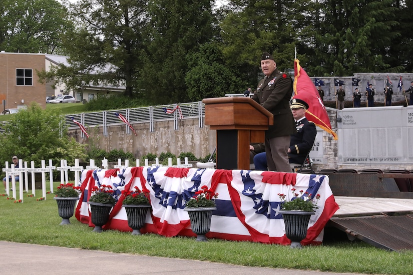 The 28th Infantry Division held its annual memorial ceremony in Boalsburg, Pennsylvania, May 18, 2025. Every year Soldiers from the 28th Infantry Division participate in an annual memorial ceremony at the 28th Division Shrine on the grounds of the Pennsylvania Military Museum in Boalsburg to recognize the fallen and their Gold Star families, along with the strength and honor that comes with the 28th Infantry Division. (U.S. Army National Guard photo by Staff Sgt. Kenneth Shirk)
