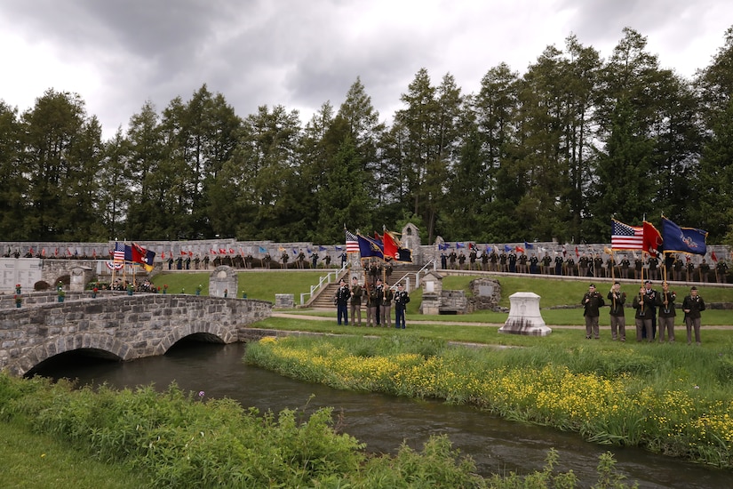 The 28th Infantry Division held its annual memorial ceremony in Boalsburg, Pennsylvania, May 18, 2025. Every year Soldiers from the 28th Infantry Division participate in an annual memorial ceremony at the 28th Division Shrine on the grounds of the Pennsylvania Military Museum in Boalsburg to recognize the fallen and their Gold Star families, along with the strength and honor that comes with the 28th Infantry Division. (U.S. Army National Guard photo by Staff Sgt. Kenneth Shirk)