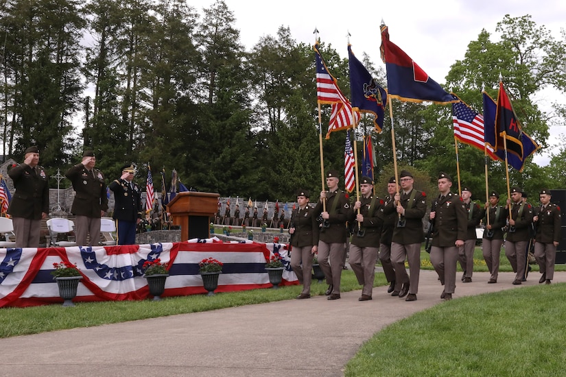 The 28th Infantry Division held its annual memorial ceremony in Boalsburg, Pennsylvania, May 18, 2025. Every year Soldiers from the 28th Infantry Division participate in an annual memorial ceremony at the 28th Division Shrine on the grounds of the Pennsylvania Military Museum in Boalsburg to recognize the fallen and their Gold Star families, along with the strength and honor that comes with the 28th Infantry Division. (U.S. Army National Guard photo by Staff Sgt. Kenneth Shirk)