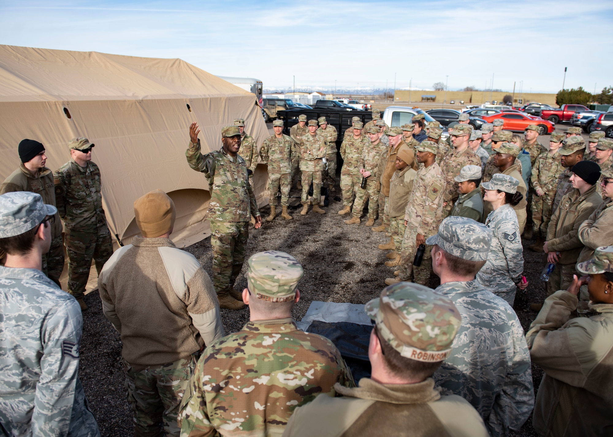 Chief Master Sgt. Wendell Snider, 366th Fighter Wing command chief, addresses the 366th Civil Engineer Squadron after their multi-capable Airman training