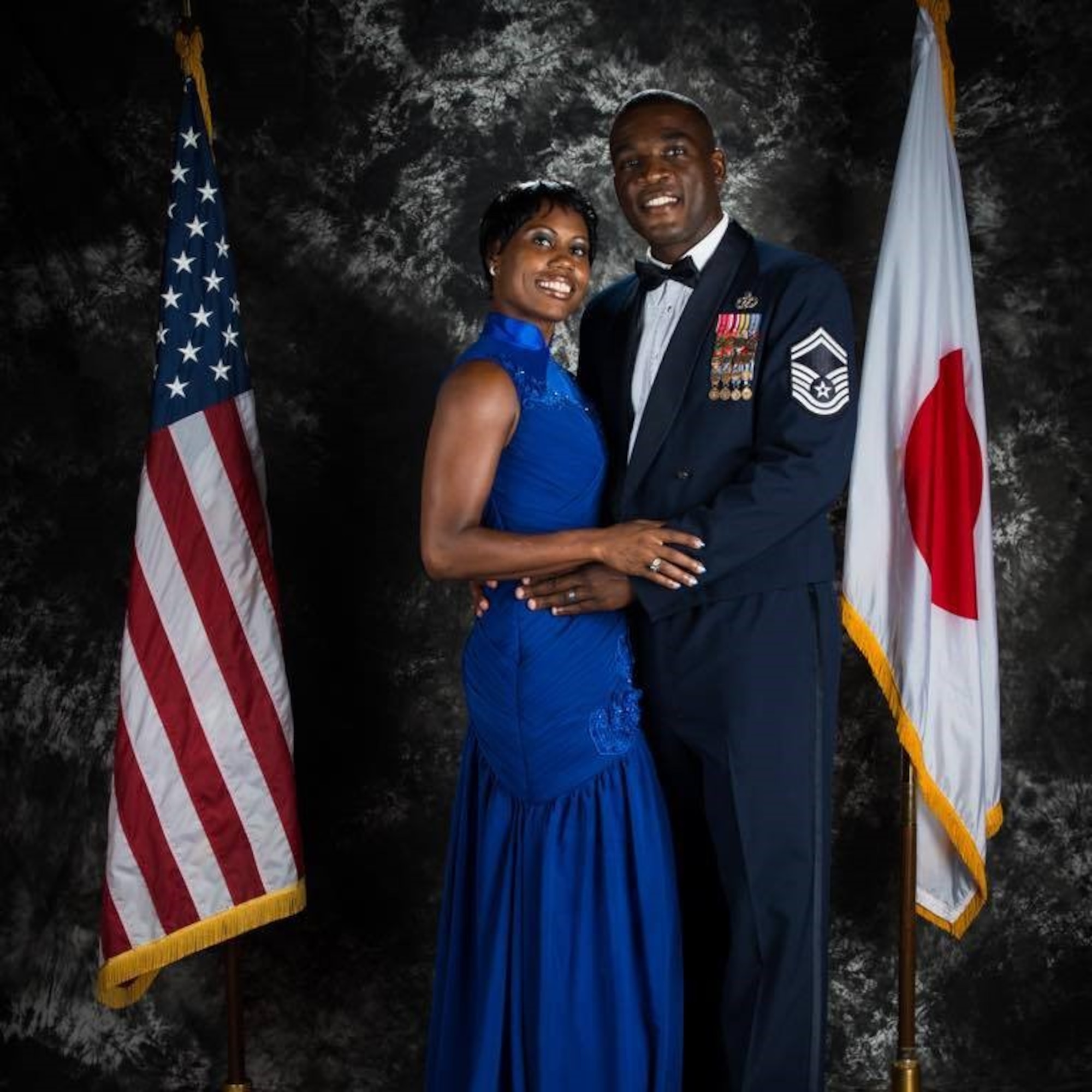 Senior Master Sgt. Wendell Snider and LaShae Snider celebrate the Air Force Ball at Kadena Air Base, Japan