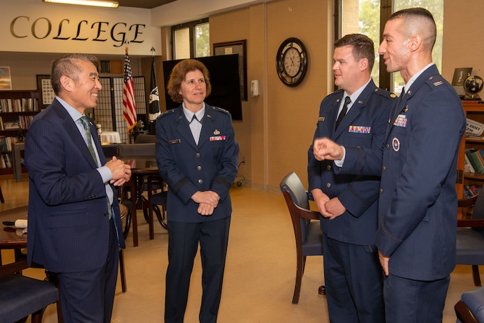 photo of Edwin Oshiba, Performing the Duties of Under Secretary of the Air Force, and Air University Commander and President Lt. Gen. Andrea Tullos meet with Secretary of the Air Force Leadership Award winner prior to the presentation ceremony at Maxwell Air Force Base, Alabama, May 6, 2025.