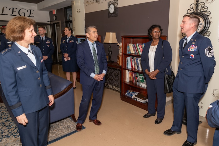 photo of Edwin Oshiba, Performing the Duties of Under Secretary of the Air Force, and Air University Commander and President Lt. Gen. Andrea Tullos meet with Secretary of the Air Force Leadership Award winner prior to the presentation ceremony at Maxwell Air Force Base, Alabama, May 6, 2025.