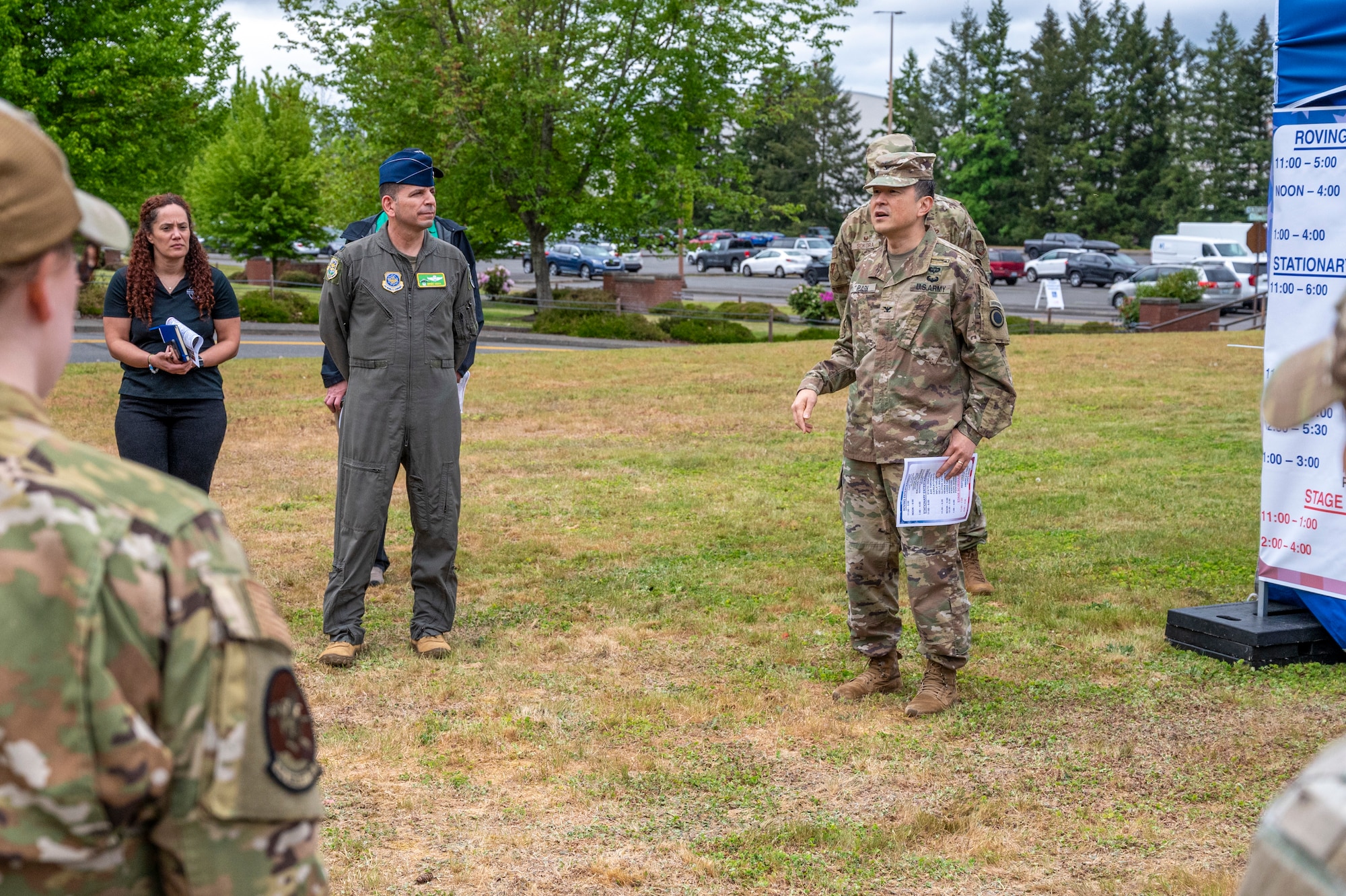 U.S. Army Col. Kent Park, Joint Base Lewis-McChord installation commander, gives remarks during a walkthrough tour ahead of the Armed Forces Day festivities at Joint Base Lewis-McChord, Washington, May 16, 2025.