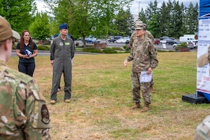 U.S. Army Col. Kent Park, Joint Base Lewis-McChord installation commander, gives remarks during a walkthrough tour ahead of the Armed Forces Day festivities at Joint Base Lewis-McChord, Washington, May 16, 2025.