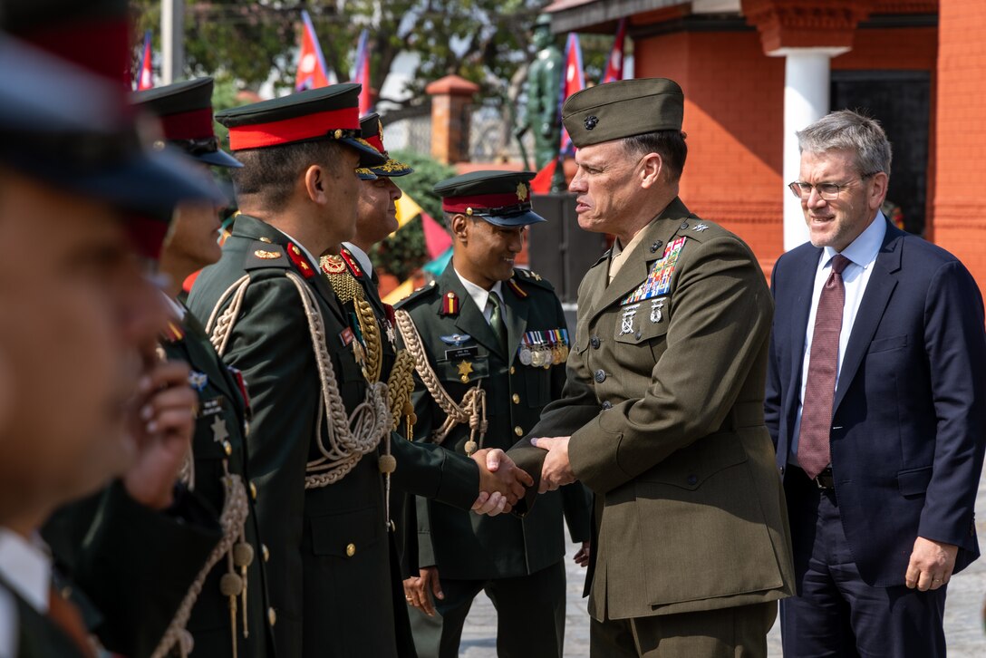 U.S. Marine Corps Maj. Gen. Brian Wolford, second from right, commanding general of Marine Corps Installations Pacific, and Dean Thompson, U.S. ambassador to Nepal, greet officers with the Nepali Army during the 10th Anniversary Operation Sahayogi Haat Wreath Laying Ceremony at the Nepal Military Museum, Kathmandu, Nepal, May 12, 2025. On April 25, 2015, Nepal was devastated by a massive earthquake, prompting the deployment of the III Marine Expeditionary Force and Marine Corps Installations Pacific personnel as part of Joint Task Force 505 to provide humanitarian assistance during Operation SAHAYOGI HAAT. On May 12, 2015, a UH-1Y Huey helicopter, Vengeance 01, crashed while attempting to rescue wounded civilians, resulting in the deaths of all eight individuals on board, including U.S. Marines and Nepalese soldiers: Lance Cpl. Jacob A. Hug, Sgt. Ward M. Johnson IV, Capt. Dustin R. Lukasiewicz, Cpl. Sara A. Medina, Capt. Christopher L. Norgen, Maj. Tapendra Rawal, Sgt. Eric M. Seaman, and Warrant Officer 1 Basanta Titara. Wolford is a native of Maryland. (U.S. Marine Corps photo by Cpl. Thomas Sheng)