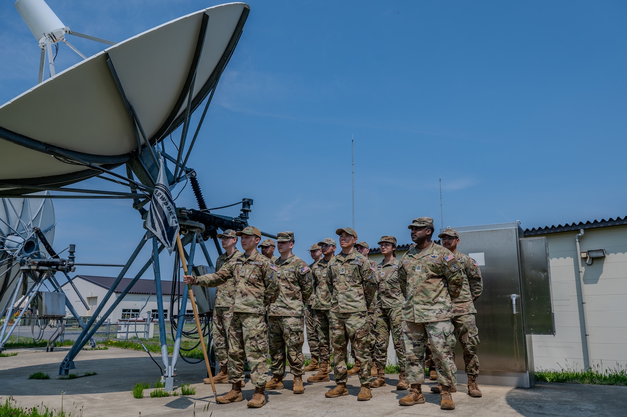 U S Guardians assigned to the U S Space Force 5th Space Warning Squadron Detachment 4 stand in formation during a visit by Brigade General Anthony Mastalir, U S Space Force Indo Pacific commander, at Misawa Air Base, Japan.