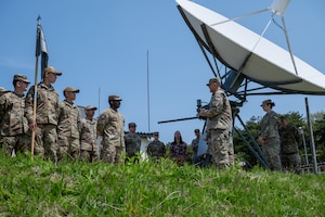 U.S. Space Force Brigade General Anthony Mastalir, U S Space Forces Indo Pacific commander, speaks to attendees during a visit to Misawa Air Base, Japan.