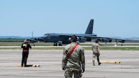 A U.S. Air Force B-52H Stratofortress assigned to the 23rd Expeditionary Bomb Squadron idles on the flightline after arriving in support of Bomber Task Force Europe (BTF) at Morón Air Base, Spain, May 20, 2025. This deployment demonstrates the U.S. Air Force’s ability to operate from flexible, dispersed locations while maintaining strategic reach and precision. (U.S. Air Force photo by Senior Airman Kyle Wilson)
