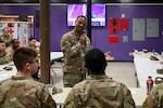 U.S. Air Force Master Sgt. Aaron Gibson, 8th Operational Support Team mental health technician, teaches a toxic leadership professional development course to 8th Medical Group Airmen at Kunsan Air Base, Republic of Korea, May 8, 2025. This course offered a different perspective from conventional leadership programs by emphasizing the pitfalls and behaviors to avoid as a leader. (U.S. Air Force photo by Senior Airman Karissa Dick)