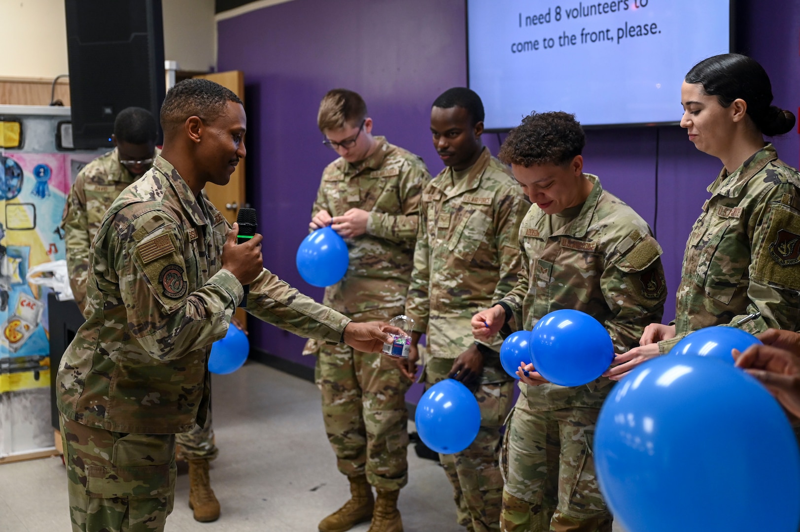 U.S. Air Force Master Sgt. Aaron Gibson, 8th Operational Support Team mental health technician, leads an activity during a toxic leadership professional development course at Kunsan Air Base, Republic of Korea, May 8, 2025. Gibson, normally a U.S. Air Force reservist, arrived at Kunsan February of 2025 after volunteering for a 170 day manning assist opportunity.