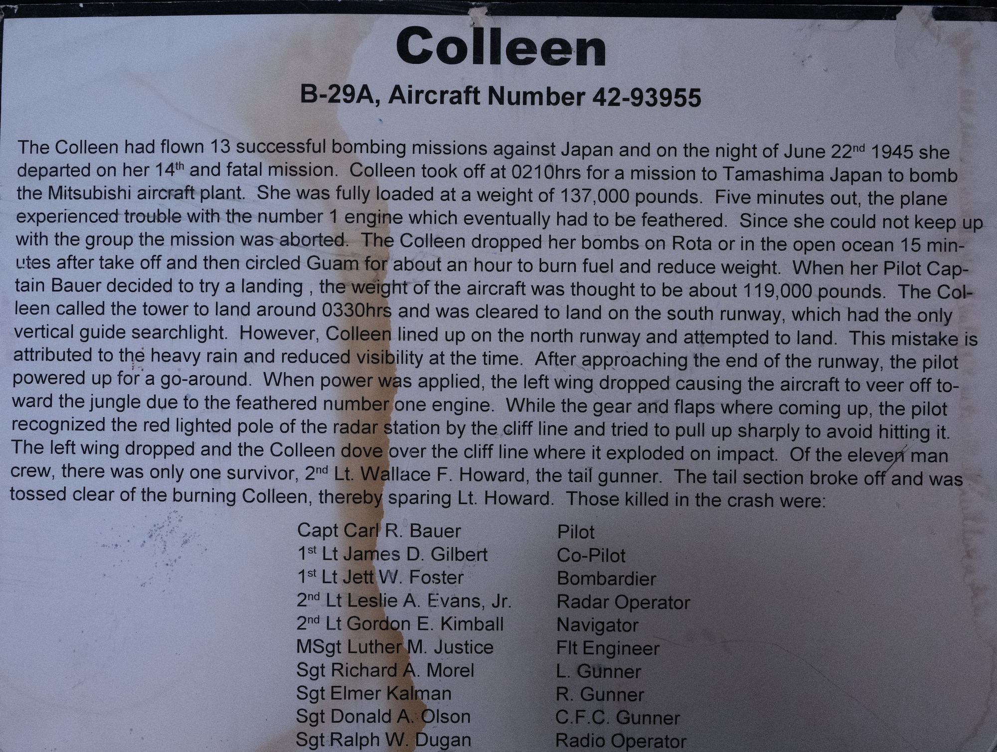 A picture of an old display board recounting the story of the B-29 "Colleen" tragedy. The display board is currently in storage awaiting a new home in the new Andersen Air Force Base Museum. (Courtesy Photo)