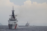 The Legend-class USCGC Stratton (WMSL 752), front, sails with the Philippine Coast Guard Vessel BRP Melchora Aquino (MRRV-9702) in the Sulu Sea, May 20, 2025. Stratton is deployed and assigned to Destroyer Squadron (DESRON) 15, the Navy’s largest DESRON and the U.S. 7th Fleet’s principal surface force. The U.S. Coast Guard has operated in the Indo-Pacific for more than 150 years, and the service is increasing efforts through targeted bilateral patrols with our national security cutters, fast response cutters, and other activities conducted in support of maritime missions to enhance our regional partnerships. (Courtesy photo)