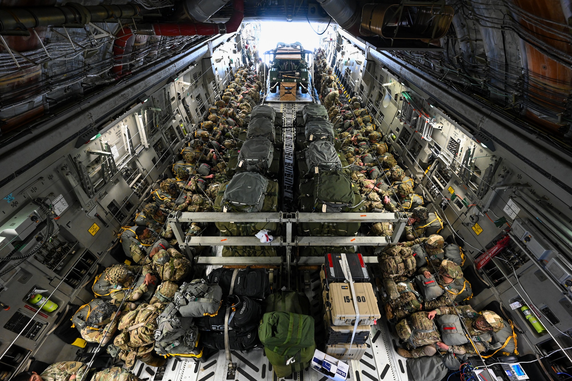 U.S. Army paratroopers from the 173rd Airborne Brigade prepare for takeoff during Swift Response 25 at Spangdahlem Air Base, Germany, May 16, 2025.