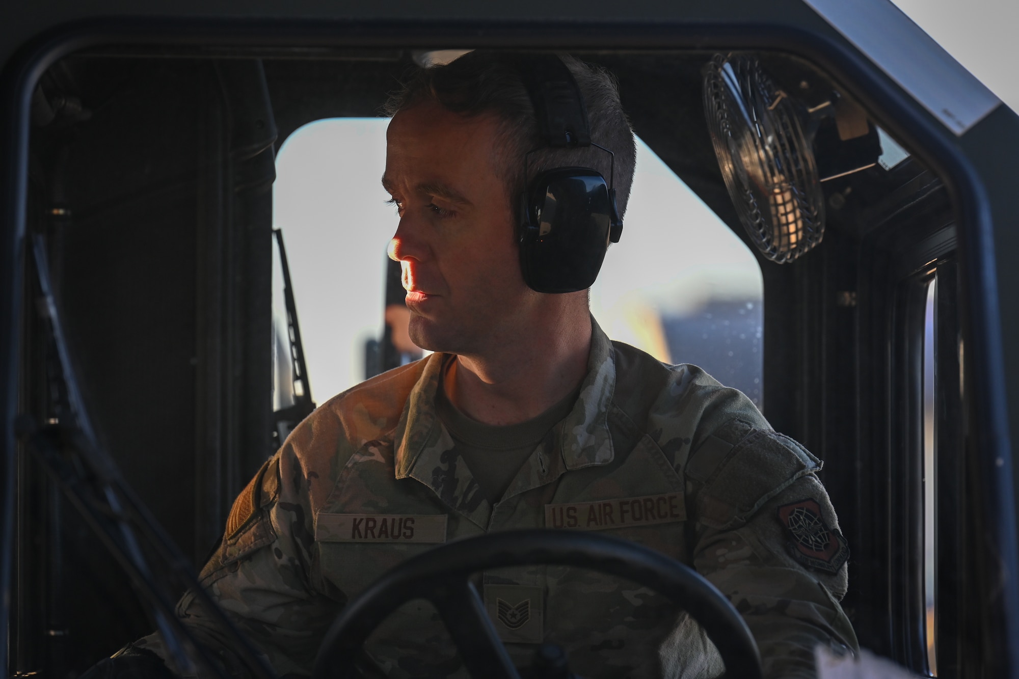 U.S. Air Force Tech. Sgt. Daniel Kraus, 726th Air Mobility Squadron aircraft services NCOIC, drives a 25k loader during Swift Response 25, May 16, 2025.
