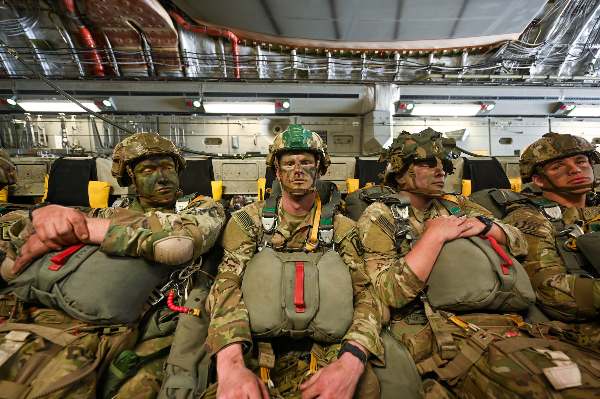 U.S. Army paratroopers from the 173rd Airborne Brigade prepare for takeoff during Swift Response 25 at Spangdahlem Air Base, Germany, May 16, 2025.