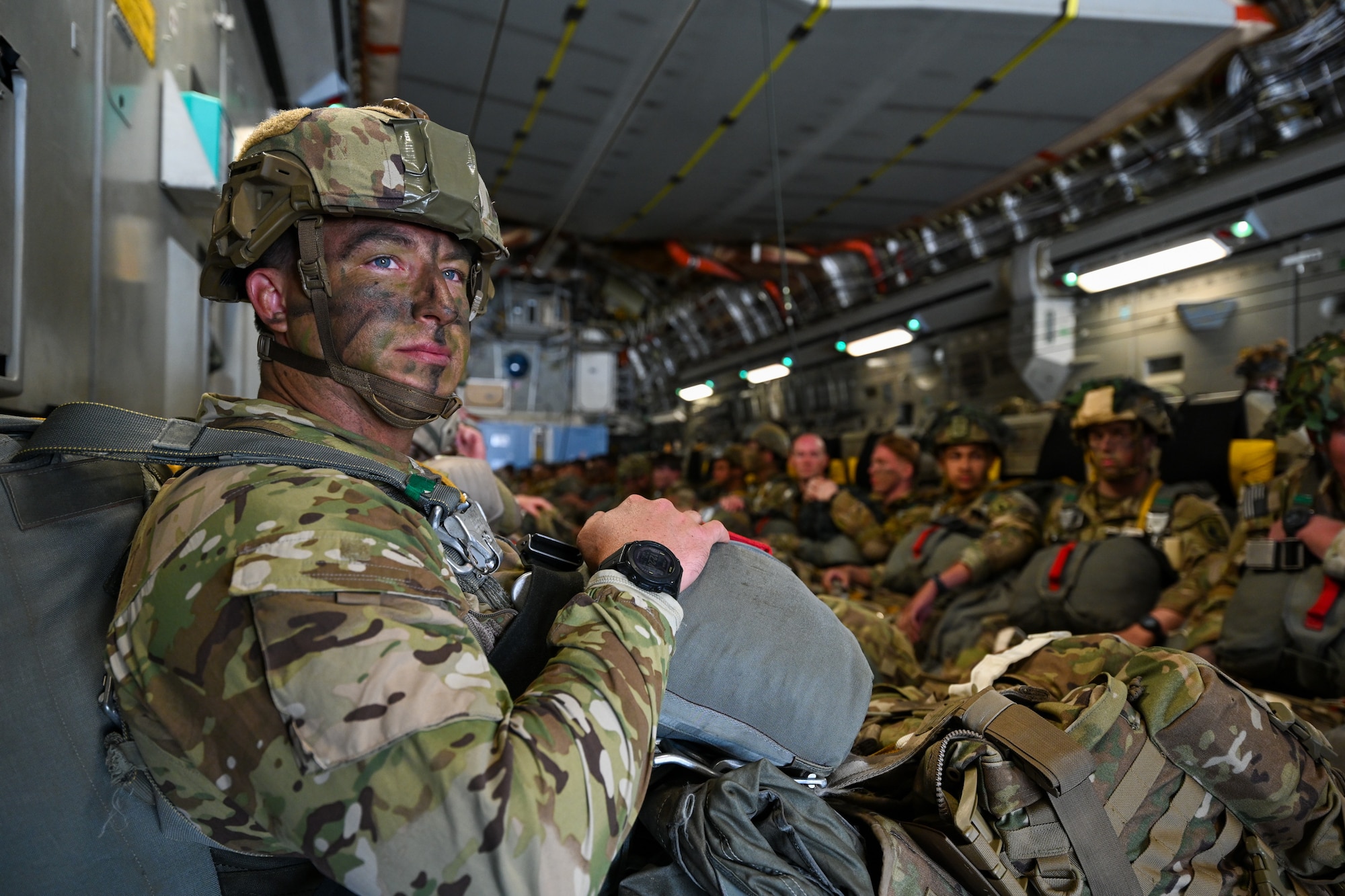 U.S. Army paratroopers from the 173rd Airborne Brigade prepare for takeoff during Swift Response 25 at Spangdahlem Air Base, Germany, May 16, 2025.