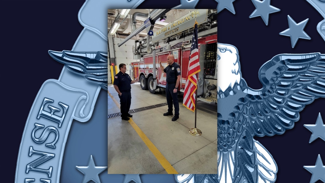 Defense Logistics Agency Land and Maritime Firefighter and Paramedic Donald Bruschi swears-in as an emergency service professional