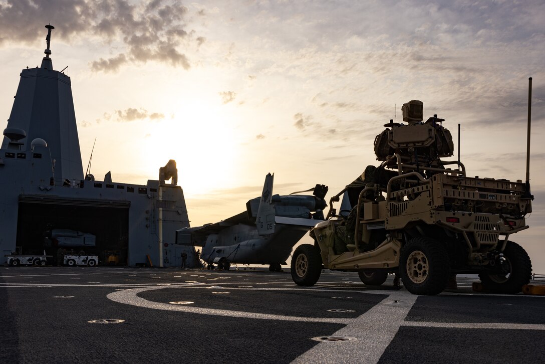 U.S. Marines with Marine Medium Tiltrotor Squadron 263, 22nd Marine Expeditionary Unit, conduct surveillance and anti-Unmanned Aerial System operations with the Light Marine Air-Defense Integrated System during Amphibious Ready Group MEU exercise (ARGMEUEX), aboard the San Antonio-class amphibious transport dock ship USS San Antonio (LPD 17), Iwo Jima Amphibious Ready Group (IWOARG), while underway in the Atlantic Ocean, May 17, 2025. During ARGMEUEX, the 22nd MEU, aboard IWOARG shipping, conducts training in support of various mission essential tasks that enhance operational readiness and lethality as a unified IWOARG/22 MEU team. (U.S. Marine Corps photo by Lance Cpl. Kyle Baskin)