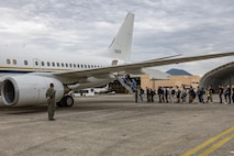 Staff members from Commander, U.S. 6th Fleet board a C-40 Clipper aircraft on board Naval Support Activity Naples, Italy in preparation for a flight to Naval Station Rota, Spain May 15.