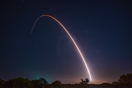 An unarmed Minuteman III Intercontinental Ballistic Missile launches during an operational test at 12:01 a.m. Pacific Time May 21, 2025, at Vandenberg Space Force Base, Calif. ICMB test launches demonstrate that the U.S. ICBM fleet is ready, reliable and effective in leveraging dominance in an era of strategic competition. (U.S. Air Force photo by Airman 1st Class Jack Rodriguez Escamilla)