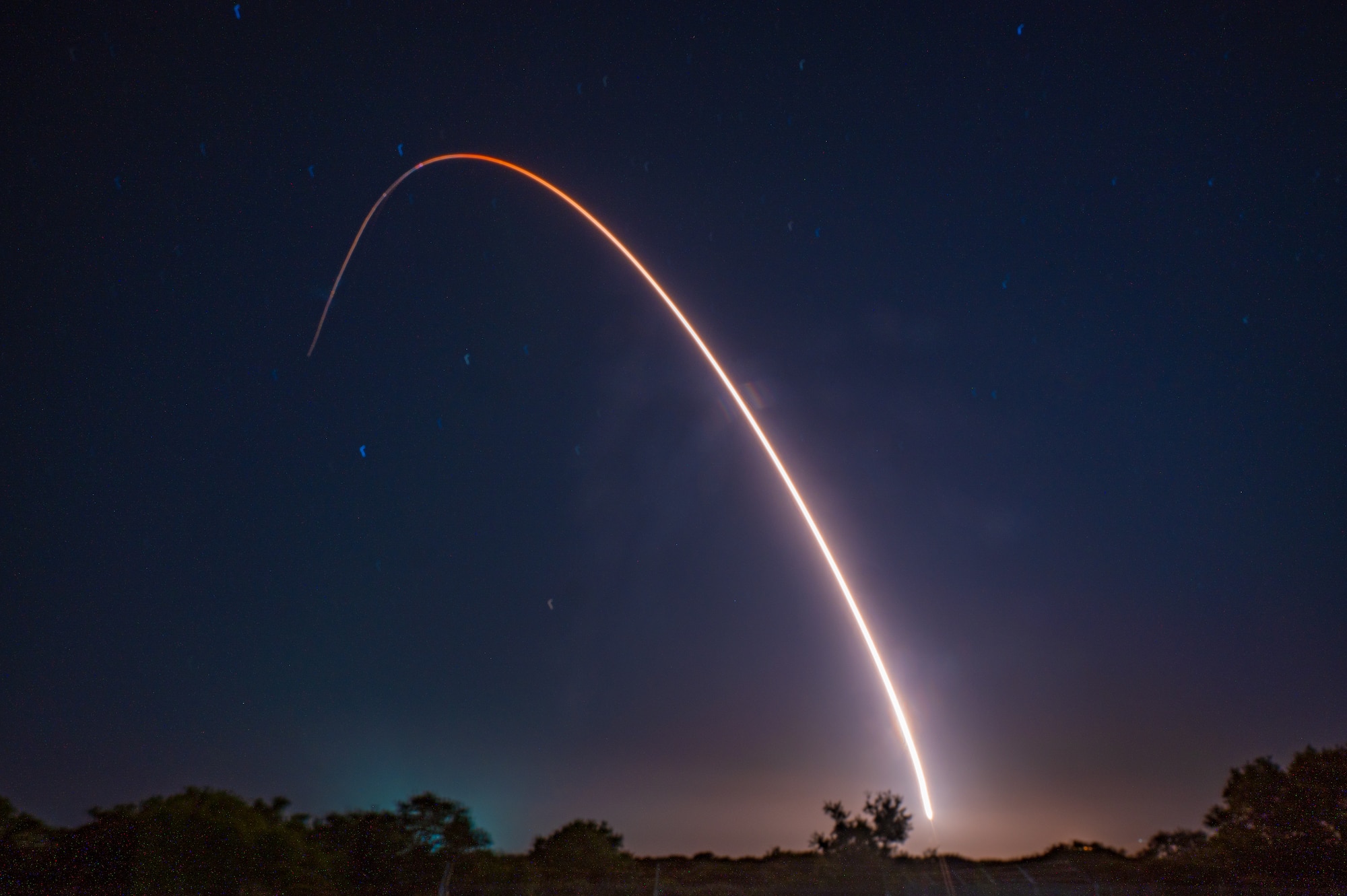 An unarmed Minuteman III Intercontinental Ballistic Missile launches during an operational test at 12:01 a.m. Pacific Time May 21, 2025, at Vandenberg Space Force Base, Calif. ICMB test launches demonstrate that the U.S. ICBM fleet is ready, reliable and effective in leveraging dominance in an era of strategic competition. (U.S. Air Force photo by Airman 1st Class Jack Rodriguez Escamilla)