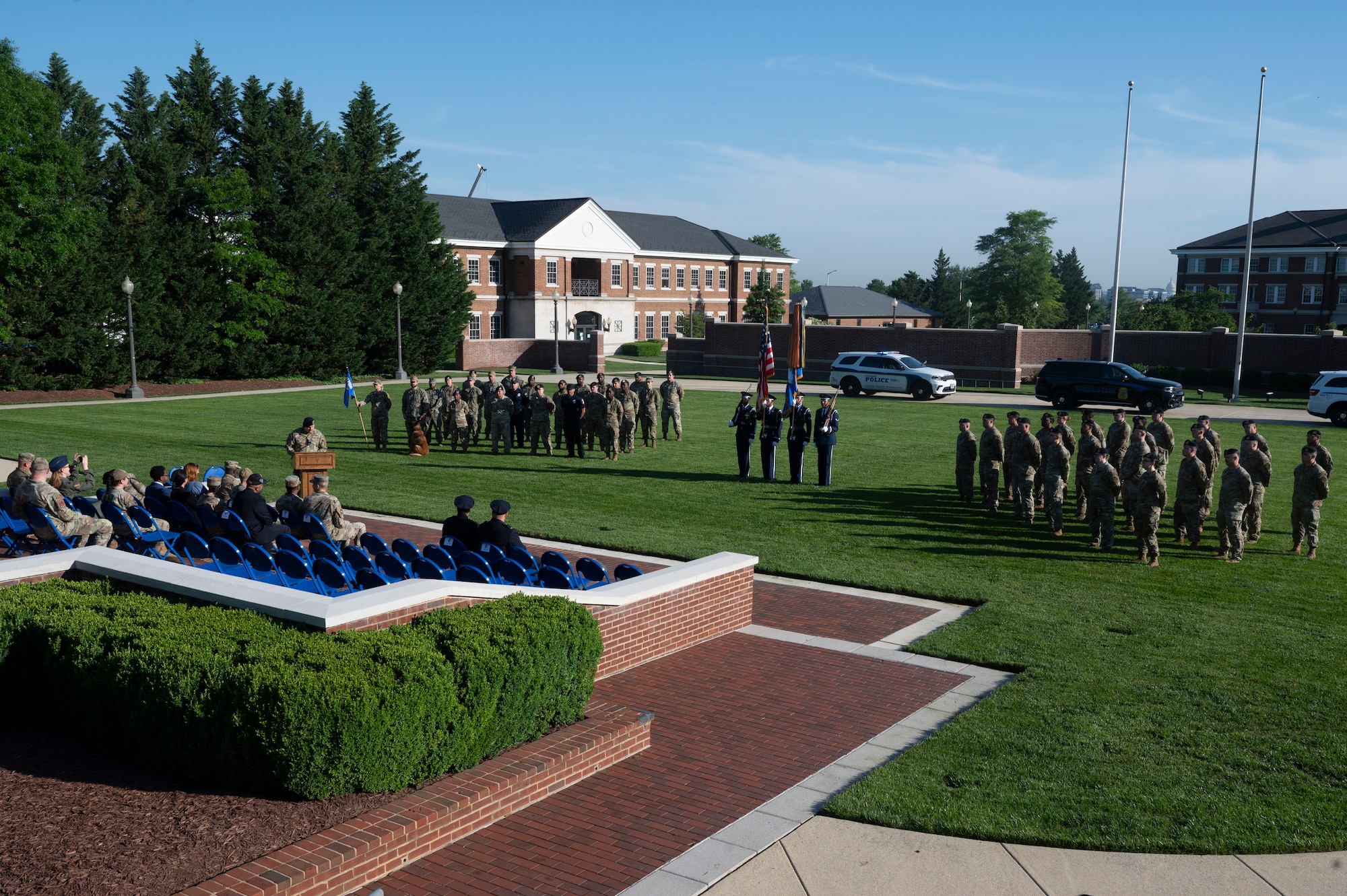 Attendees and participants gather during the opening ceremony of National Police Week on Joint Base Anacostia-Bolling, Washington, D.C., May 12, 2025. The ceremony signaled the opening of a week with events that included competitive sports and ceremonies designed to strengthen camaraderie while honoring peace officers who have died or been disabled in the line of duty. (U.S. Air Force photo by Hayden Hallman)