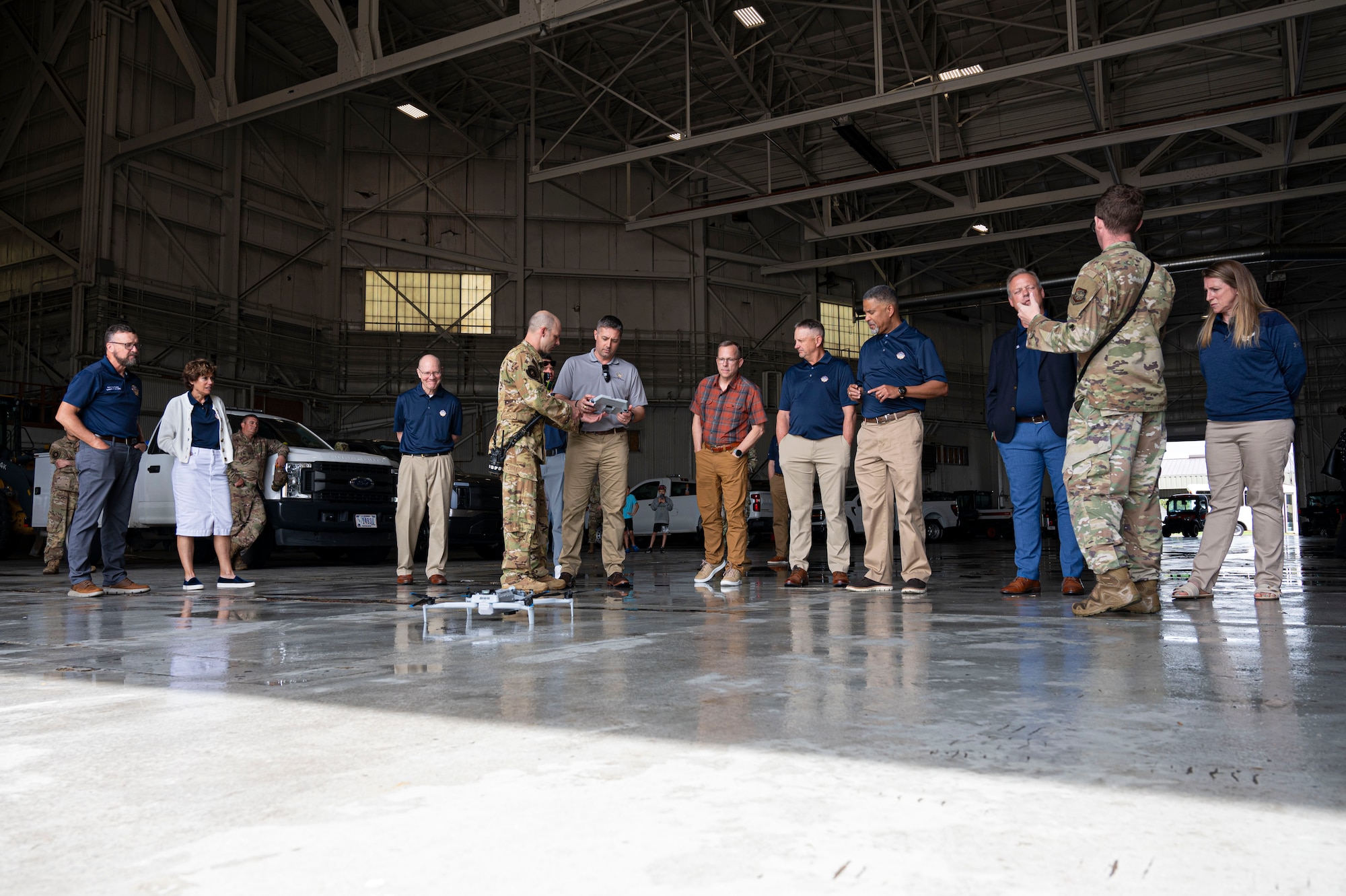 U.S. Air Force Col. Wes Adams, military deputy to the plans executive directorate at Headquarters Defense Logistics Agency and prior Joint Base McGuire-Dix-Lakehurst and 87th Air Base Wing commander, participates in a drone demonstration.
