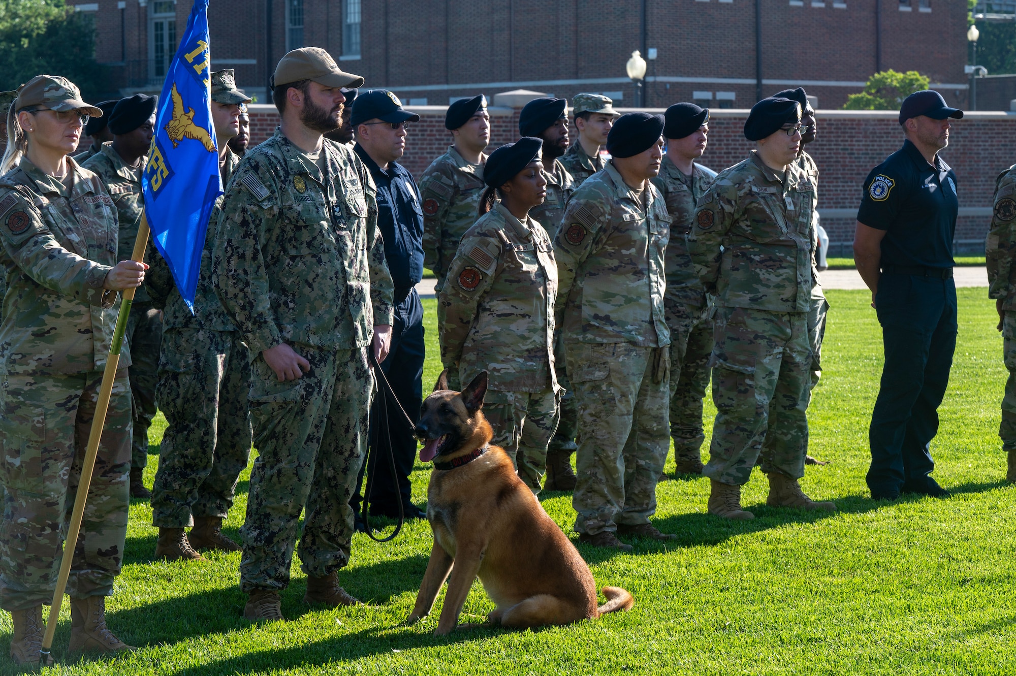 A joint formation of 11th Security Forces Squadron military and civilian defenders and Navy security forces assigned to Naval District Washington stand in formation during the opening ceremony of National Police Week on Joint Base Anacostia-Bolling, Washington, D.C., May 12, 2025. JBAB’s defenders regularly work on joint teams and with partner agencies to deliver optimal security to the base. (U.S. Air Force photo by Hayden Hallman)