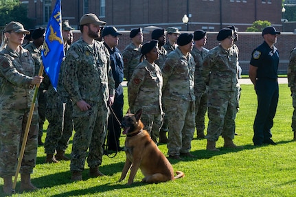 A joint formation of 11th Security Forces Squadron military and civilian defenders and Navy security forces assigned to Naval District Washington stand in formation during the opening ceremony of National Police Week on Joint Base Anacostia-Bolling, Washington, D.C., May 12, 2025. JBAB’s defenders regularly work on joint teams and with partner agencies to deliver optimal security to the base. (U.S. Air Force photo by Hayden Hallman)