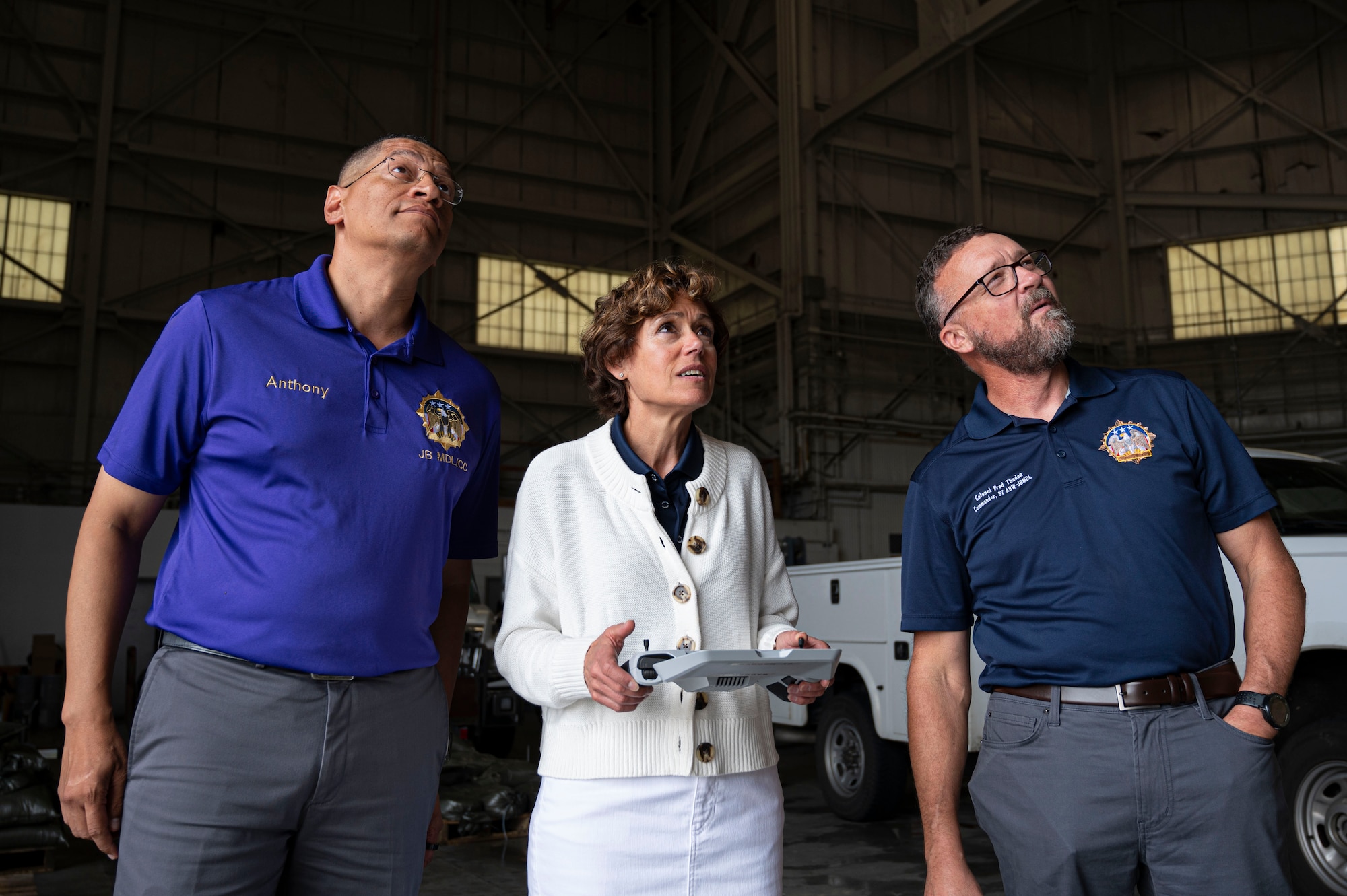 Retired Air Force Lt. Gen. Gina Grosso, prior Joint Base McGuire-Dix-Lakehurst commander, and U.S. Air Force Col. Anthony Smith, JB MDL and 87th Air Base Wing commander, participate in a drone demonstration.