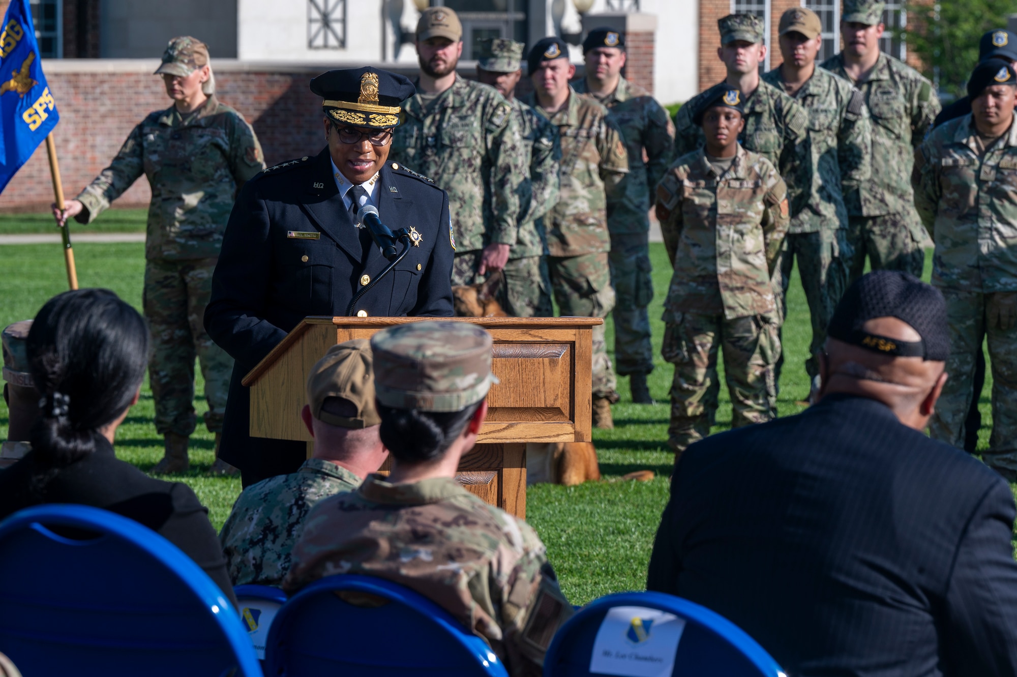 D.C. Metropolitan Police Department Chief of Police Pamela A. Smith delivers remarks during the opening ceremony of National Police Week on Joint Base Anacostia-Bolling, Washington, D.C., May 12, 2025. Smith recognized the strong partnerships formed between JBAB and MPD that were strengthened during critical events this year. (U.S. Air Force photo by Hayden Hallman)