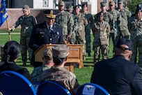 D.C. Metropolitan Police Department Chief of Police Pamela A. Smith delivers remarks during the opening ceremony of National Police Week on Joint Base Anacostia-Bolling, Washington, D.C., May 12, 2025. Smith recognized the strong partnerships formed between JBAB and MPD that were strengthened during critical events this year. (U.S. Air Force photo by Hayden Hallman)