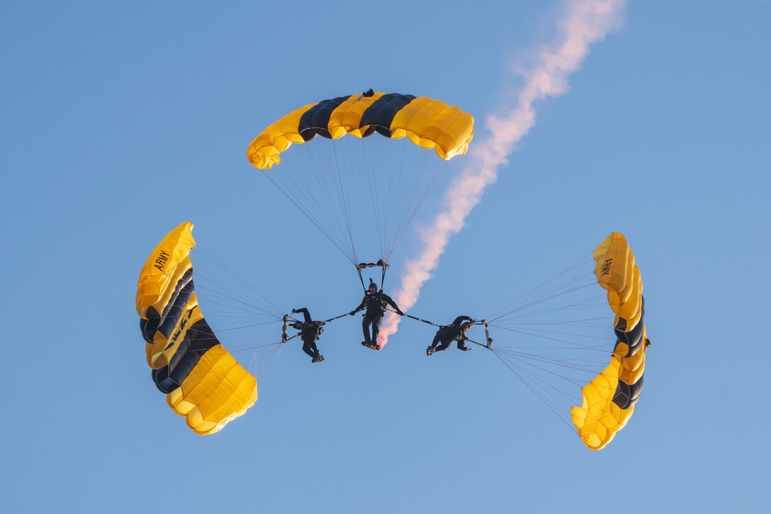 Golden Knight members parachute in France.