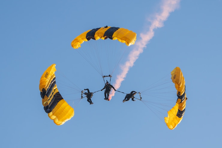 U.S. Army Golden Knights parachute during a show.