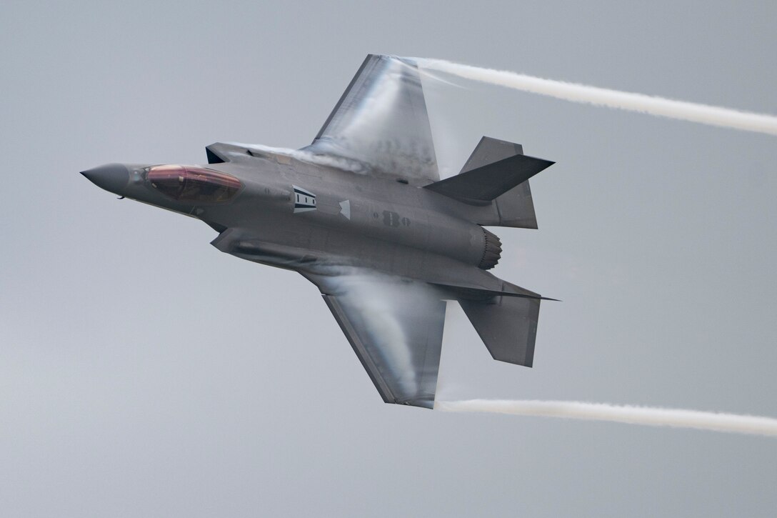 A U.S. Air Force F-35A Lightning II assigned to the F-35A Lightning II Demonstration Team performs at the Great Texas Air Show over Joint Base San Antonio-Randolph, Texas.